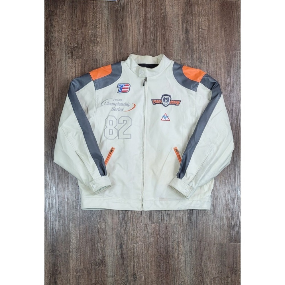 Vintage First Down Racing Jacket XXL White Leather Moto NASCAR Style Turbo 82